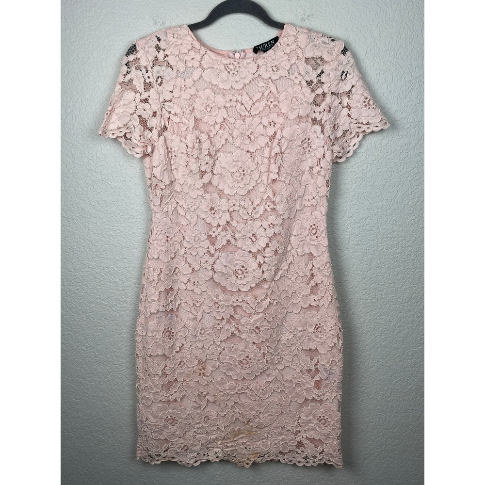 Lauren Ralph Lauren Dress Womens 6 Pink Lace Floral Short Sleeve Feminine Lined